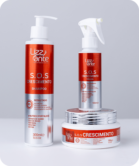 Kit SOS Crescimento: shampoo, máscara e tônico capilar da marca Lizzante